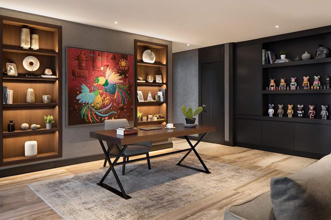 Design Interior Eclectic material HPL Wood , Hitam, Grey, Flooring LVT Kayu Wallpanel Hitam Grey Sofa Scandinavian di BSD City - Serpong - Tangerang