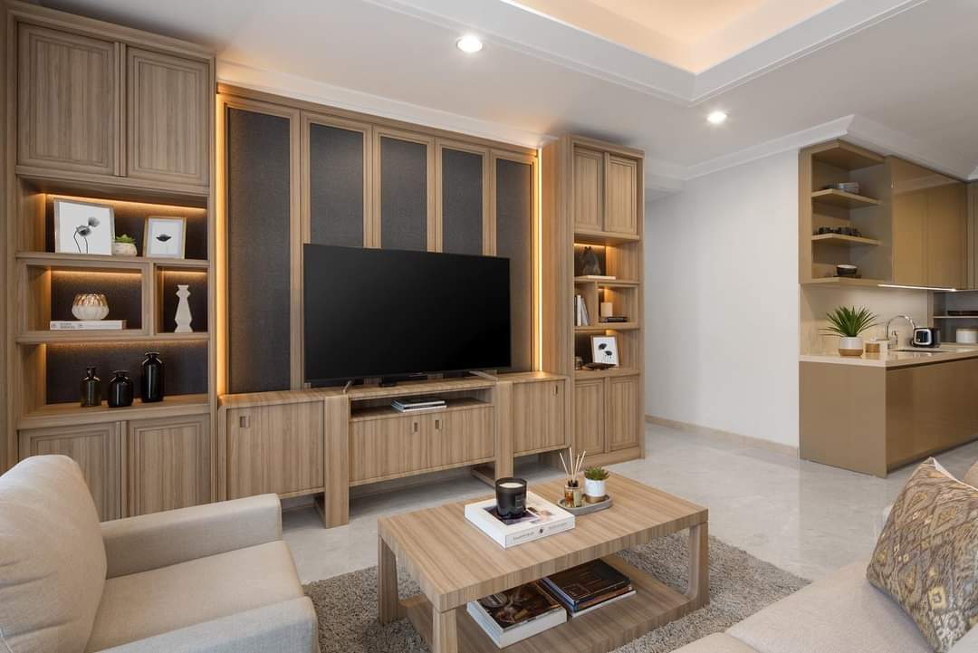Design Interior Livingroom Minimalis Modern bahan HPL wood muda scandinavian, Cabinet, TV Panel, Sofa putih di Tomang - Grogol Petamburan - Jakarta Barat