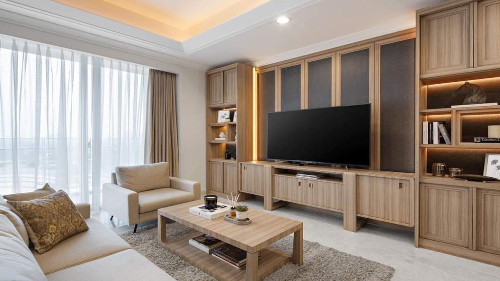 Design Interior Living Room Modern tekstur kayu tembok putih warna lighting soft warm