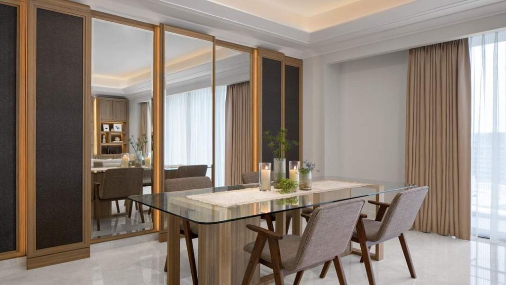 Design Interior Modern Living Room Modern Jakarta Pusat tekstur kayu Meja kaca
