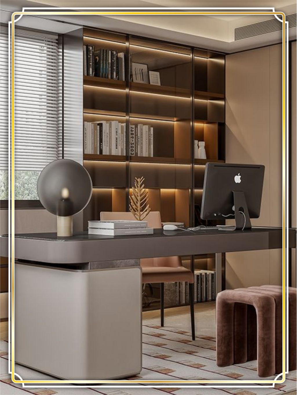 design interior kantor office modern minimalis warna soft coklat krem cream finishing duco mengkilat tema eart tone di kebon jeruk - jakarta barat