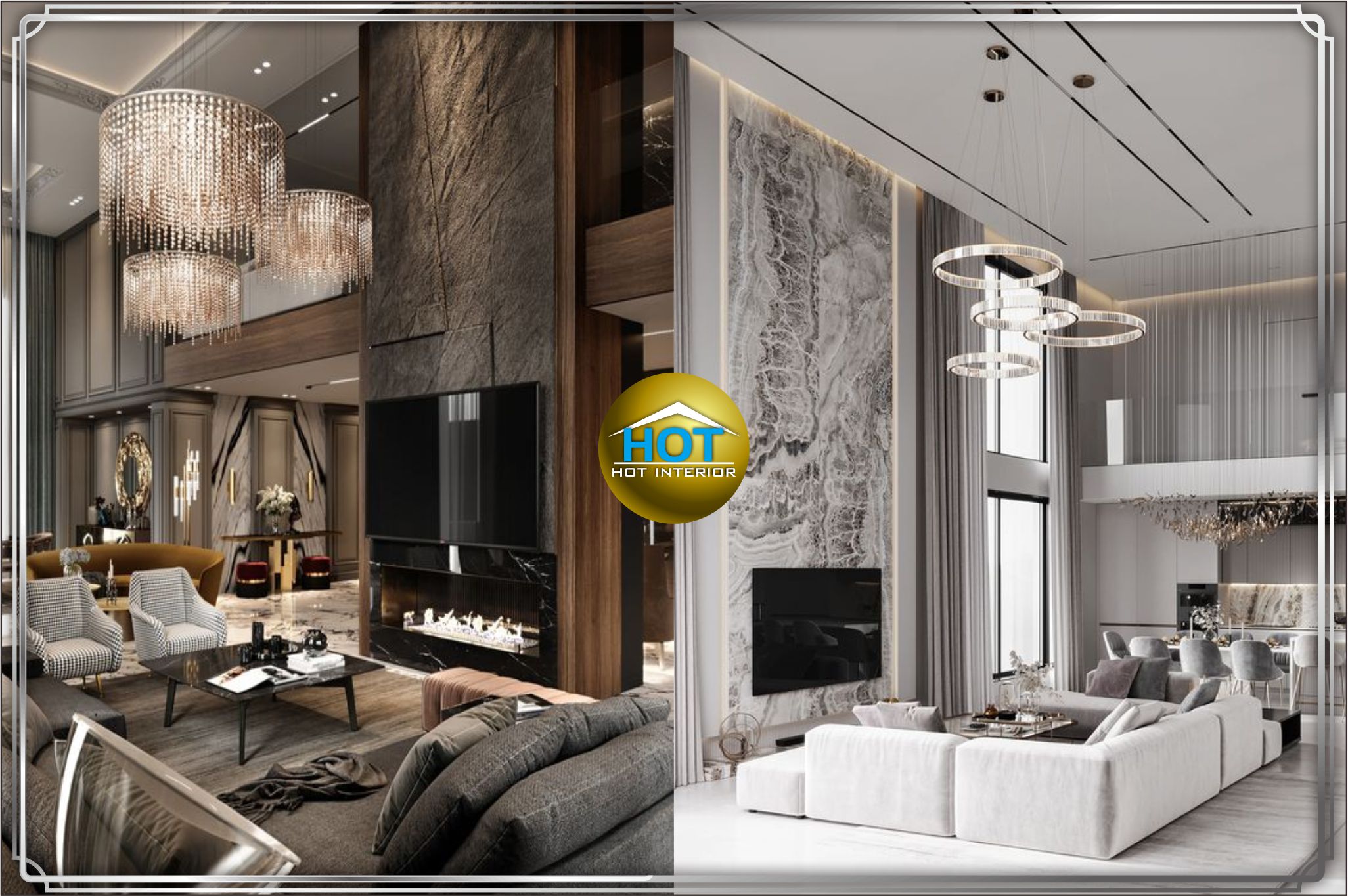 design interior ruang tamu ( livingroom ) Modern Classic warna hitam elegant mewah dan putih cerah menawan mewah
