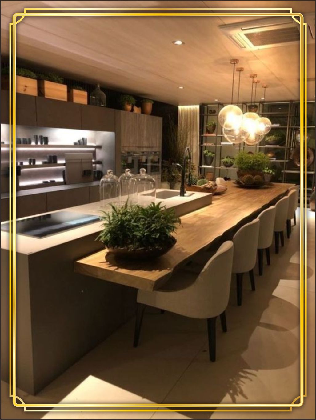 design interior dapur ( kitchen set ) modern minimalis dengan sentuhan tropis warna kayu lighting warm