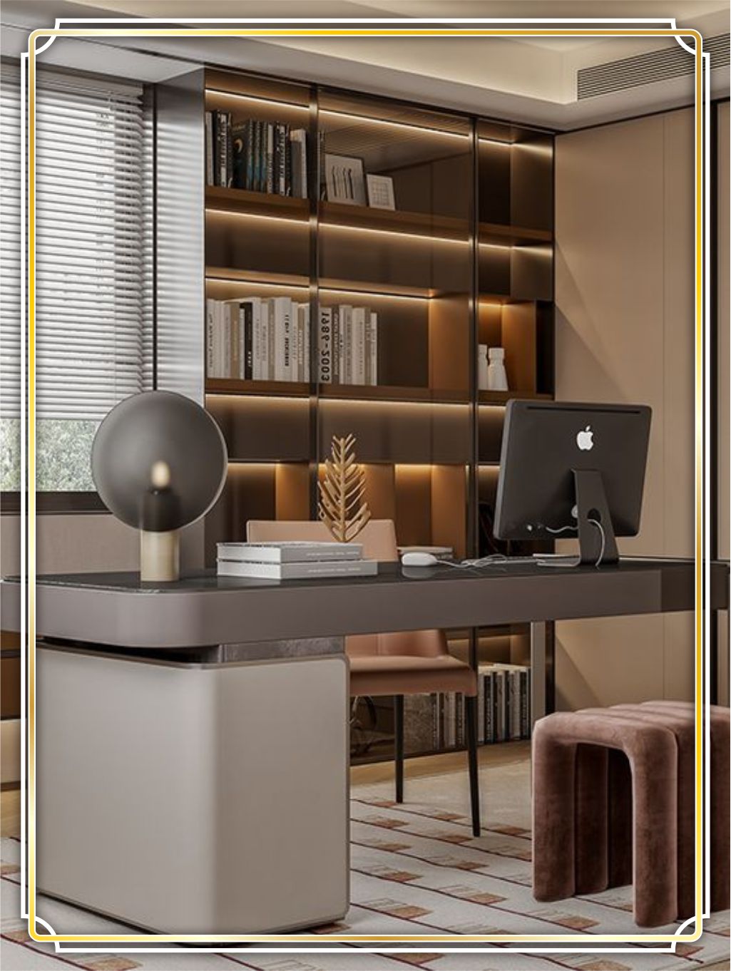 Design interior kantor / office modern minimalis - Jakarta Utara design interior kantor (office) modern minimalis di Jakarta Utara warna coklat tua, coklat muda finishing duco mengkilat mewah lighting warm daylight siang